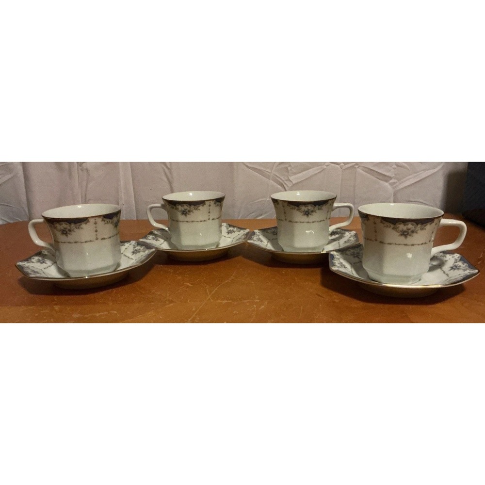 Seizan Fine China Mood Indigo 7936‎ Tea Cups And Saucers, Set Of 4, Retired